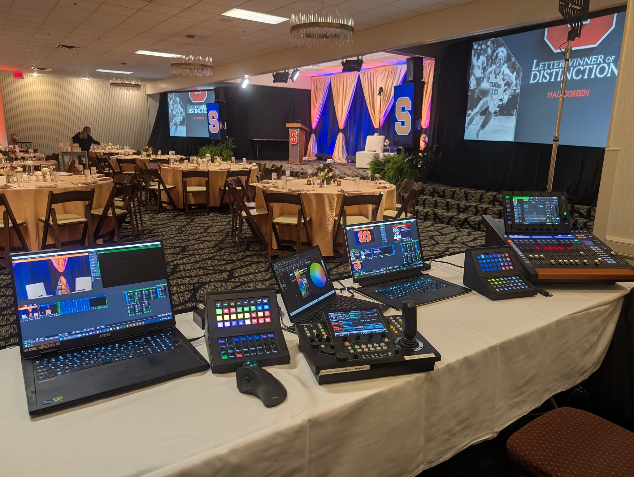 Professional event video control position with cameras, switching, audio, and presentation systems