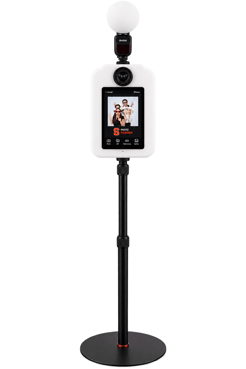 The Photo Roamer, a handheld roaming photo unit on a stand with a ring light, displaying a branded group photo on its screen